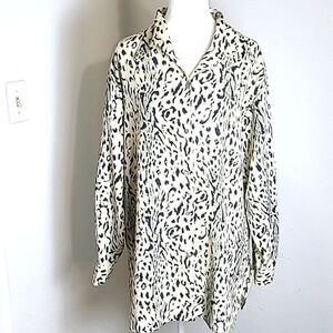 Style Exchange Longsleeve Buttondown Blouse,Beige Black,Gray Animal Print, Large